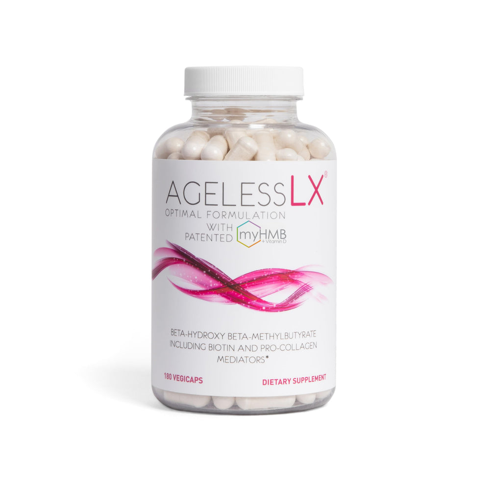 AgelessLX HMB bottle close-up promotes a convenient, skin-supporting daily routine.