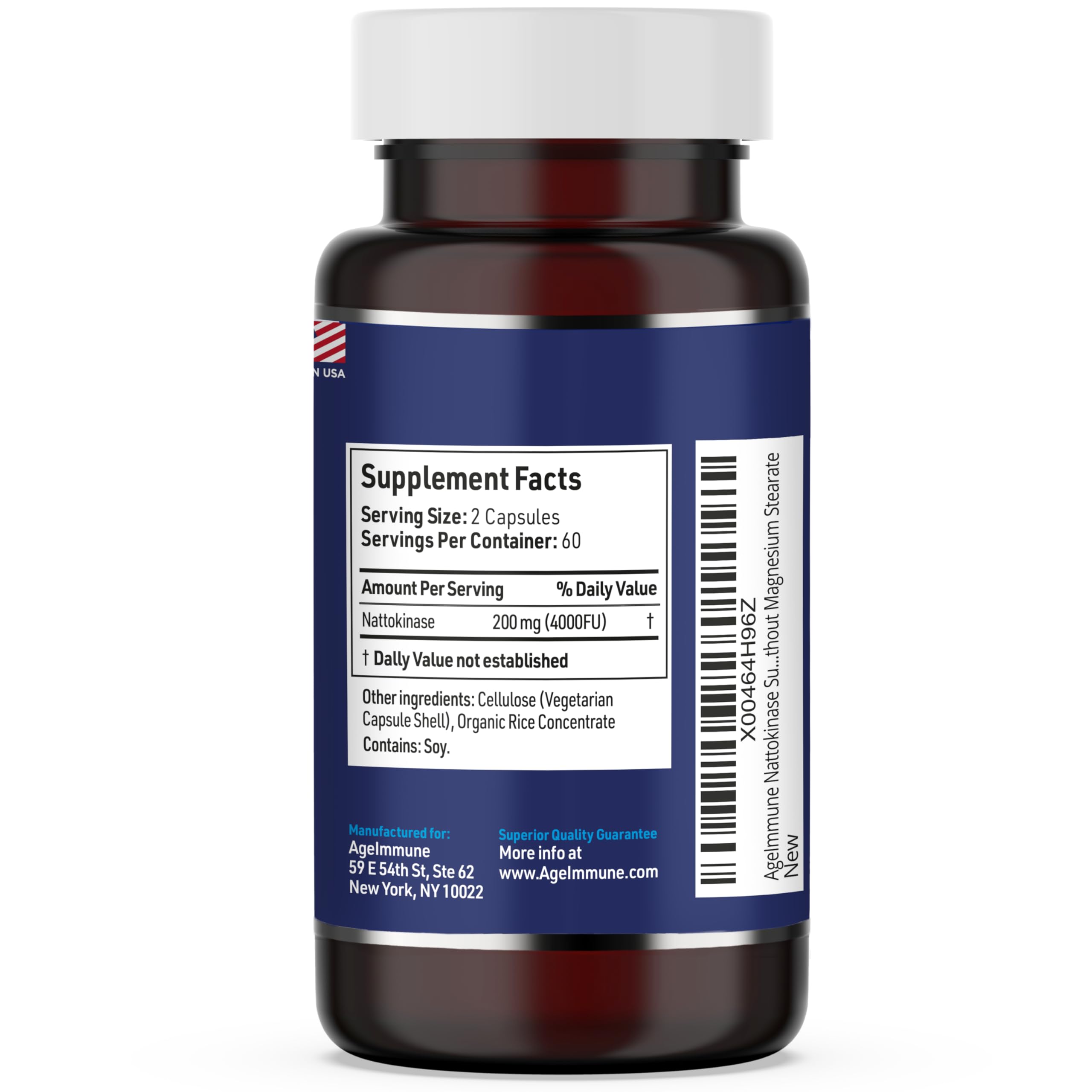 AgeImmune nattokinase bottle label close-up with dosing transparency