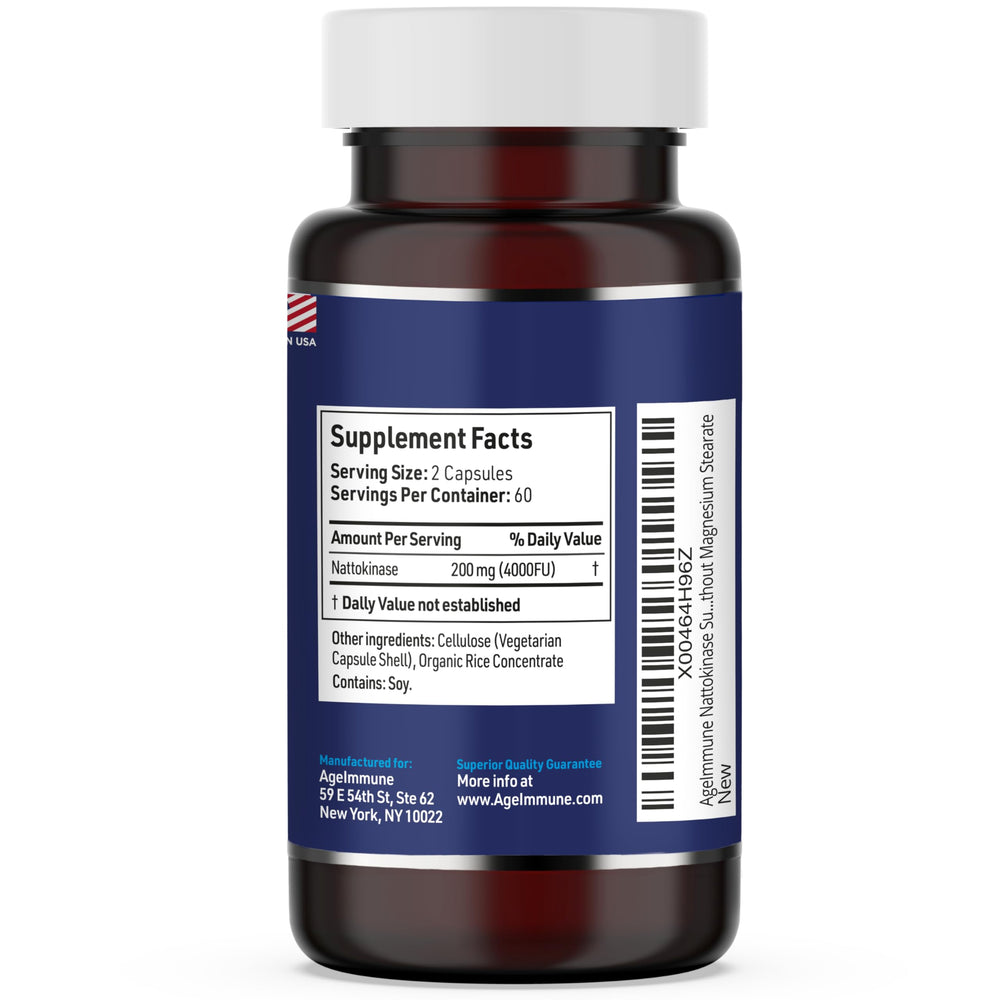 AgeImmune nattokinase bottle label close-up with dosing transparency