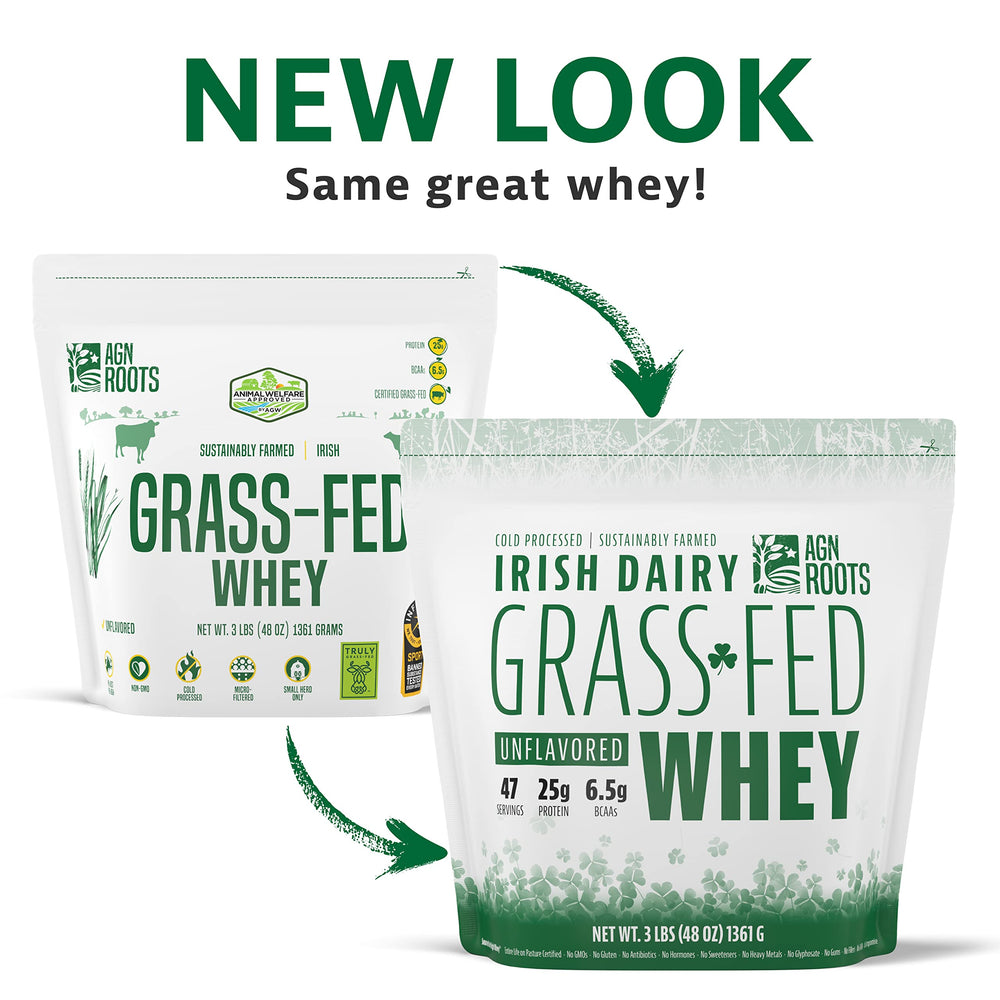 A Greener World certification logo on AGN Roots whey highlights humane farming