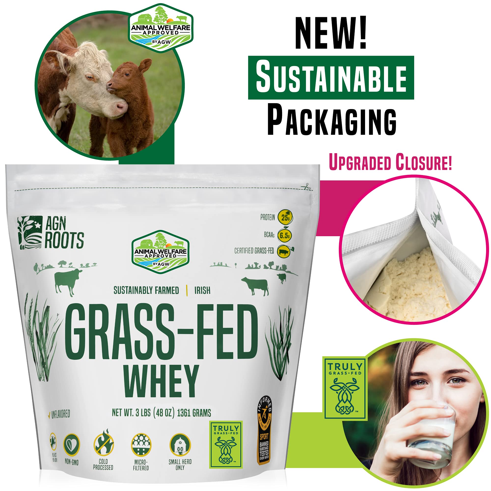 AGN Roots packaging graphic shows 6.5 g BCAAs per 25 g protein