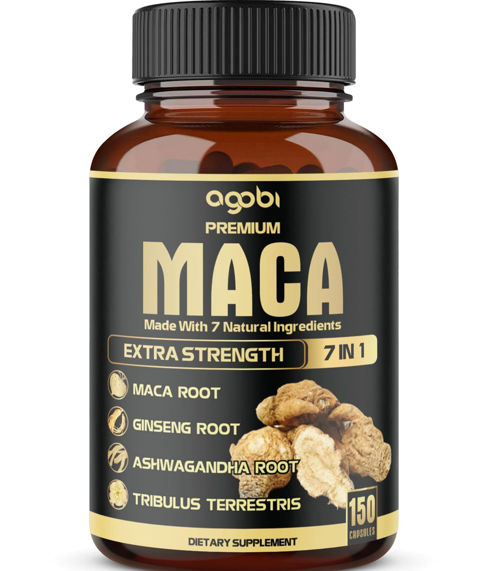 Agobi 7in1 maca root capsules packshot for daily energy and balance.