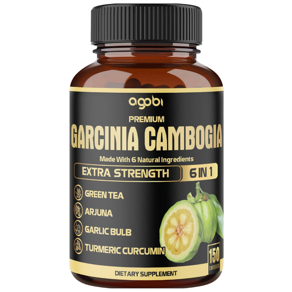 Agobi Garcinia Cambogia bottle front highlights a vegan daily wellness supplement