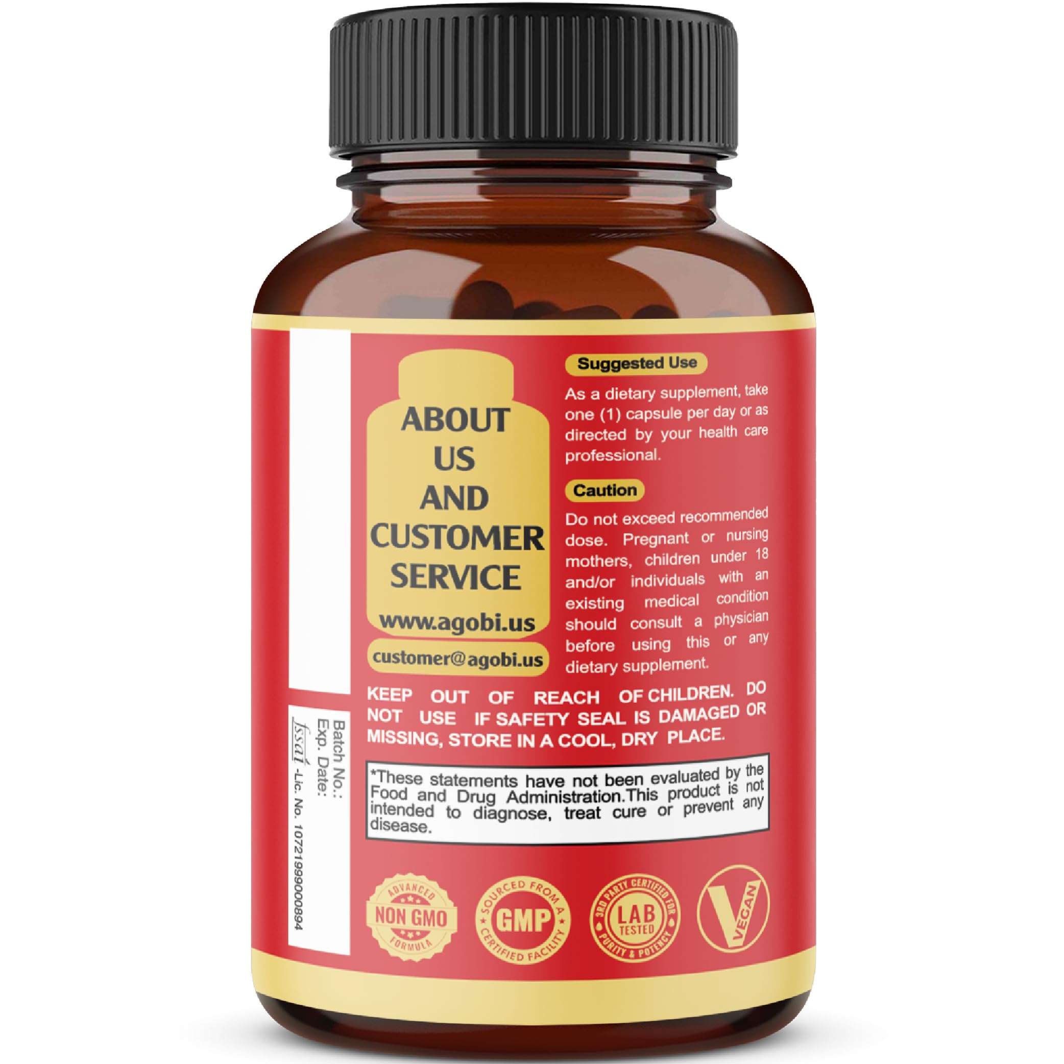 Agobi 90-capsule bottle with clear nutrition facts for home use.