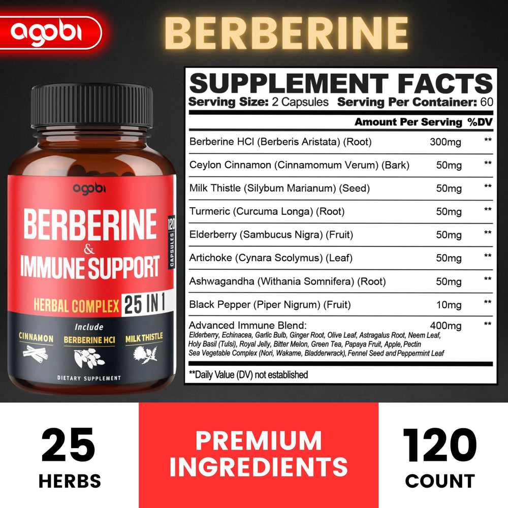 Agobi Premium Berberine capsules close-up highlighting easy two-pill daily serving