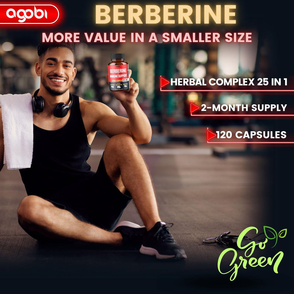 Agobi Premium Berberine ingredient icons illustrate a 25-in-1 wellness blend