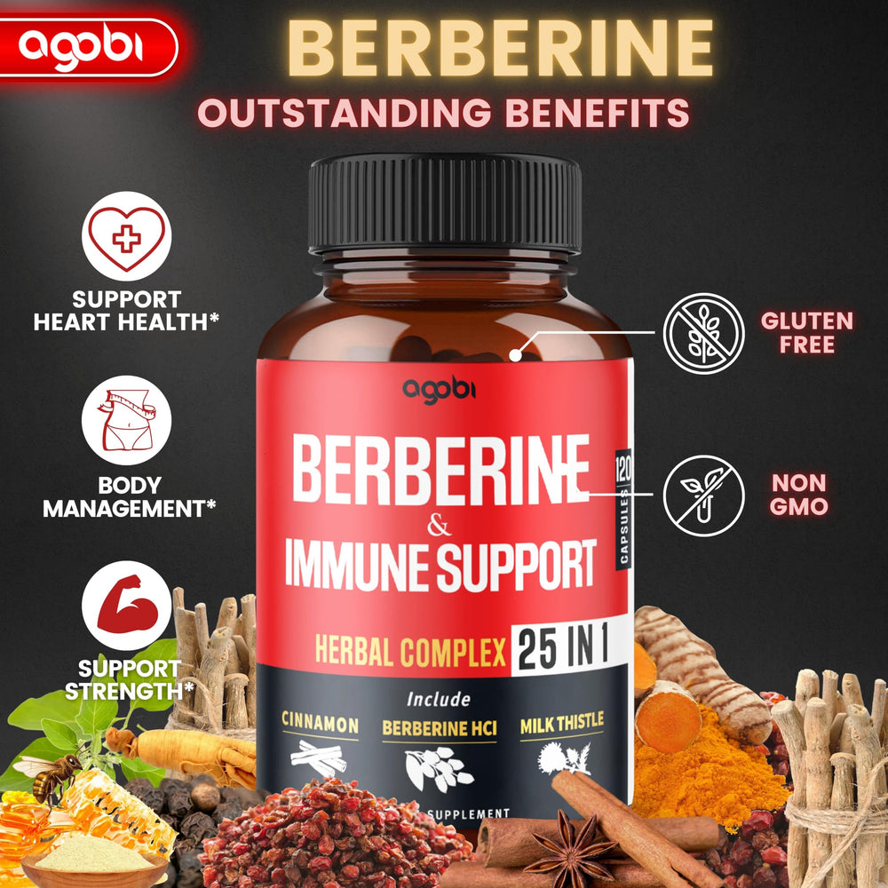 Agobi Premium Berberine label design emphasizes vegan, gluten-free, non-GMO attributes