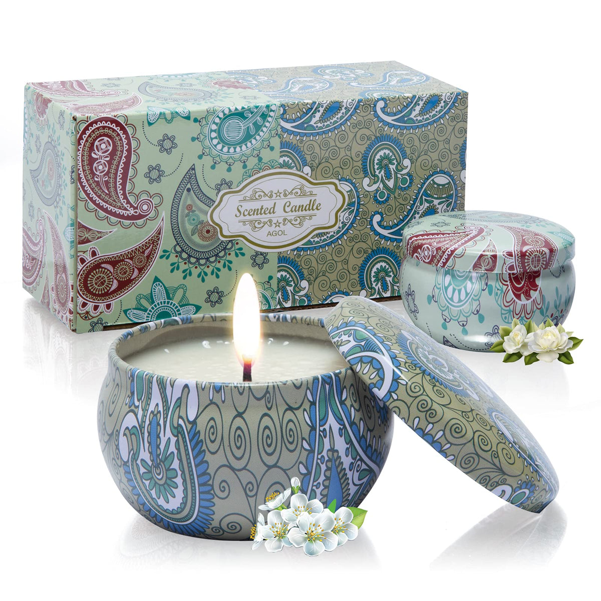 AGOL Candles two-pack tin set with gardenia and jasmine scents for relaxation.