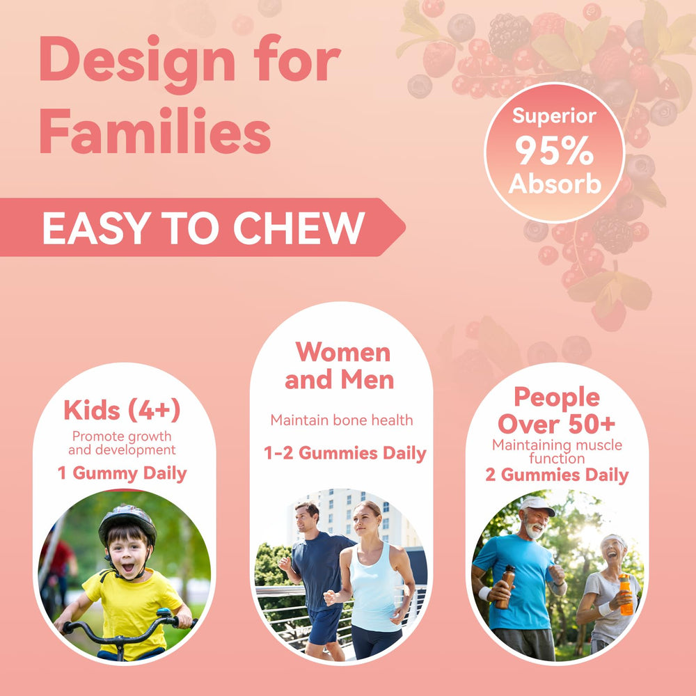 Agumoon Kids and adults usage shot illustrating chewable calcium for all ages.