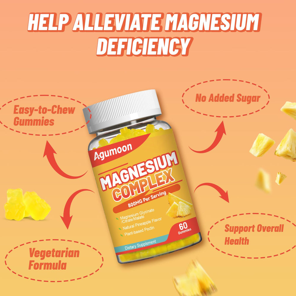 Agumoon Magnesium Complex Gummies bottle label highlighting 60-count, non-GMO formula.