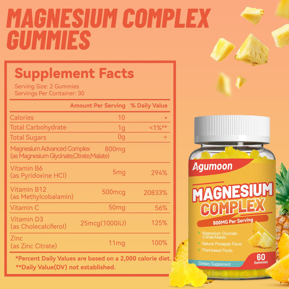 Agumoon Magnesium Complex Gummies closeup, showcasing pineapple flavor for tasty daily intake.