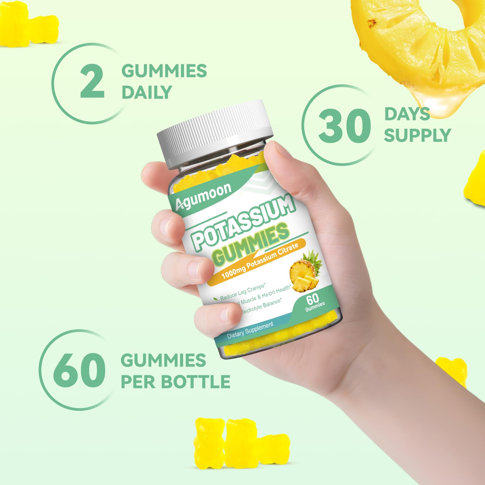 Agumoon potassium gummies brand logo on bottle conveys trusted daily support.