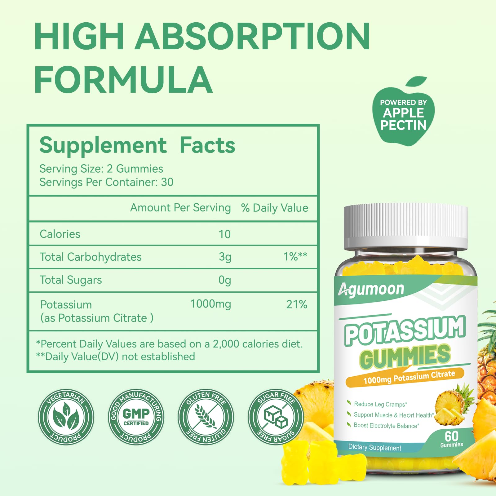 Agumoon potassium gummies sugar-free label shows a guilt-free daily supplement.