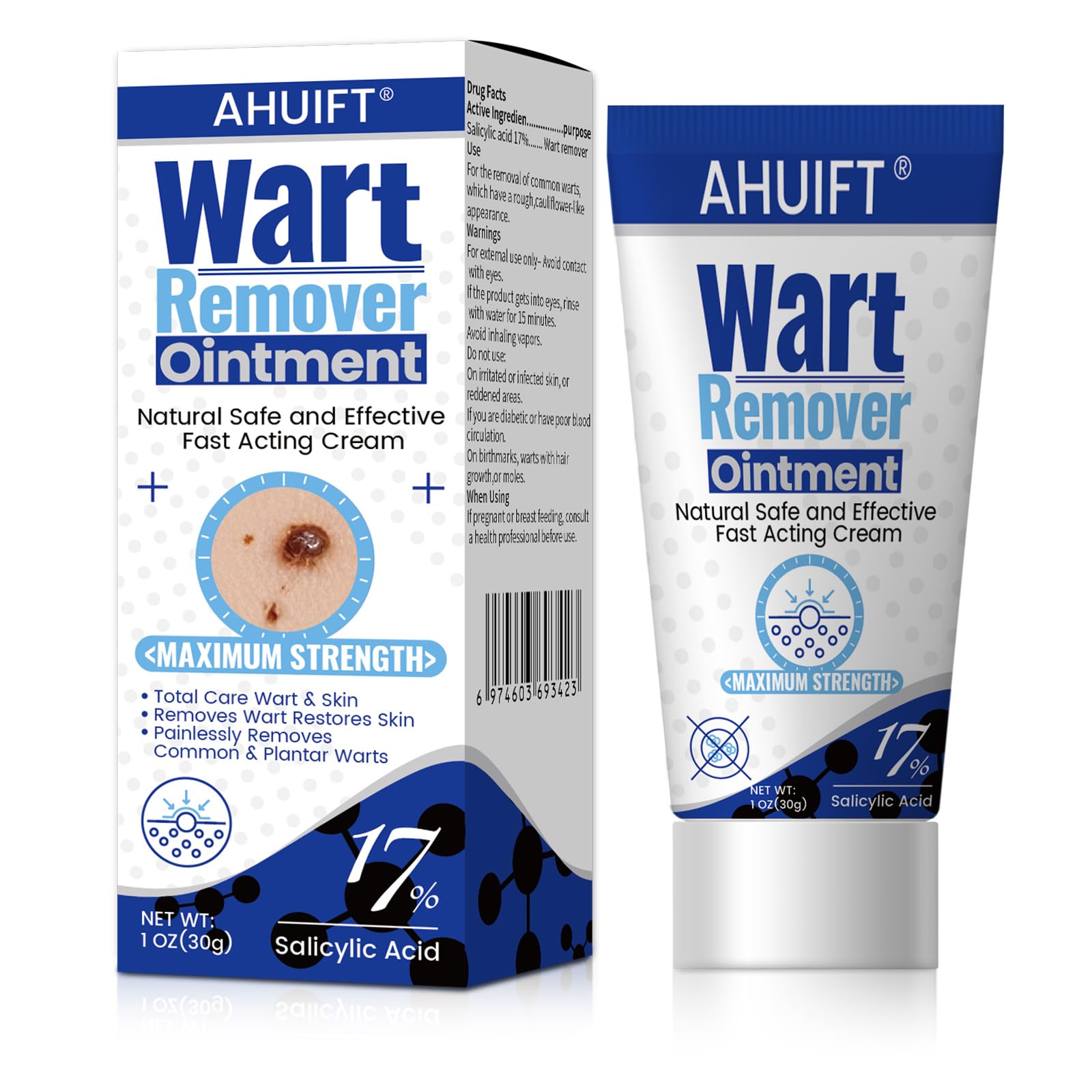 AHUIFT Fast Action Wart Remover bottle demonstrates maximum-strength wart care for quick results.