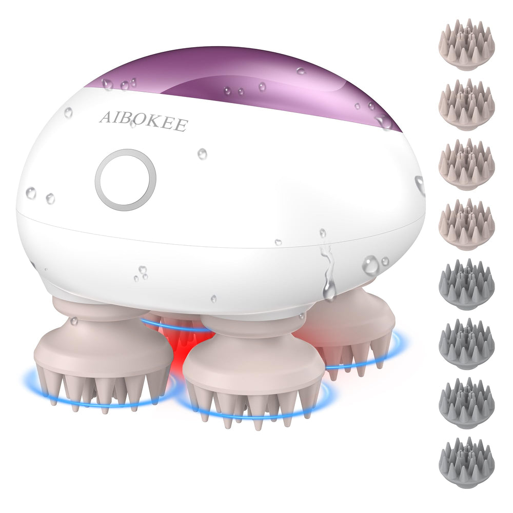 AIBOKEE Electric Scalp Massager in pink, close-up showing soothing kneading for scalp relaxation.