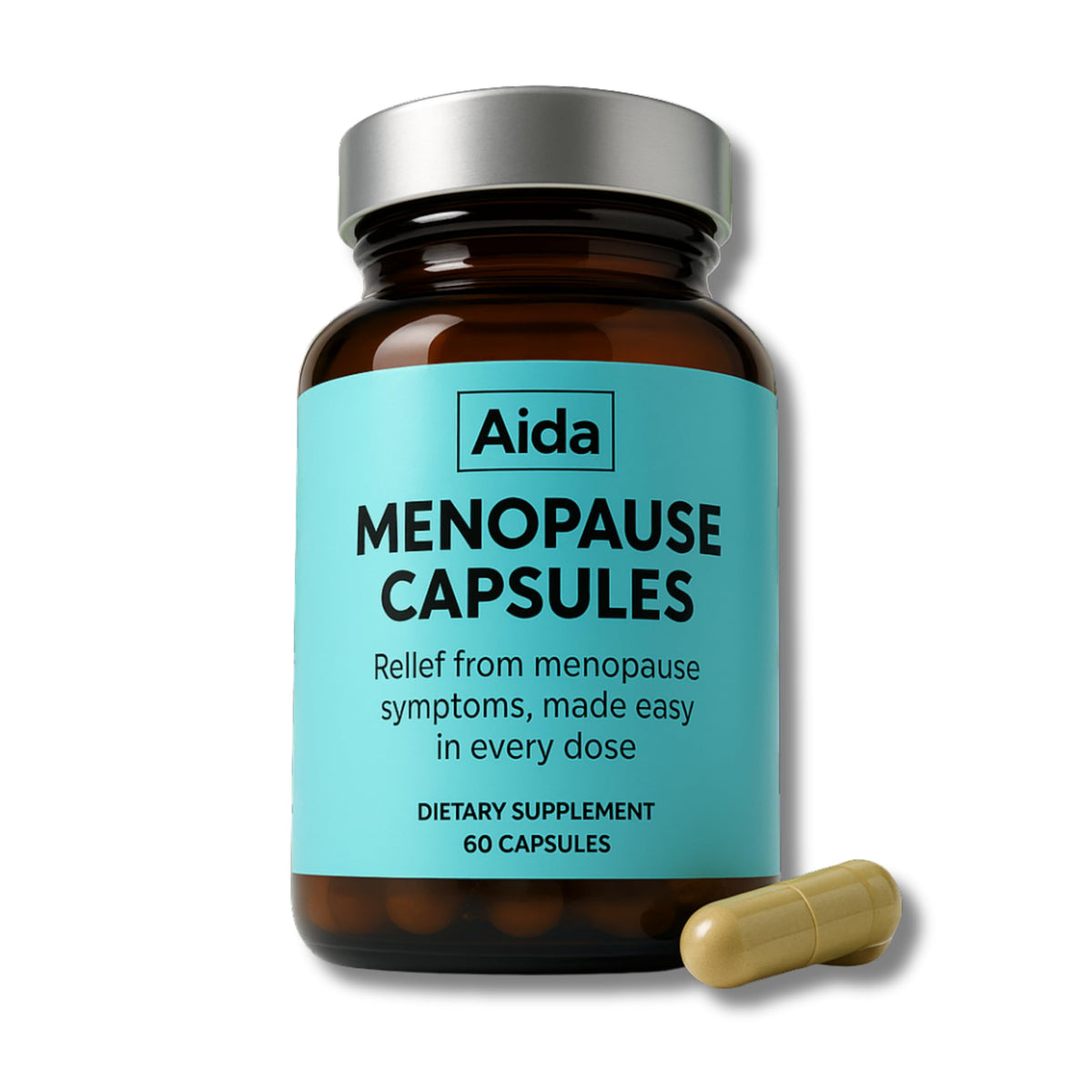 Aidavera menopause bottle front signals hormonal balance and symptom support.