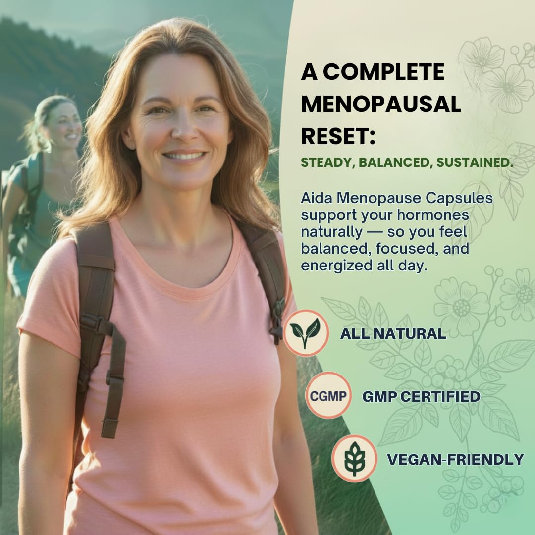 Aidavera menopause herbs close-up showcases ashwagandha and maca for balance.