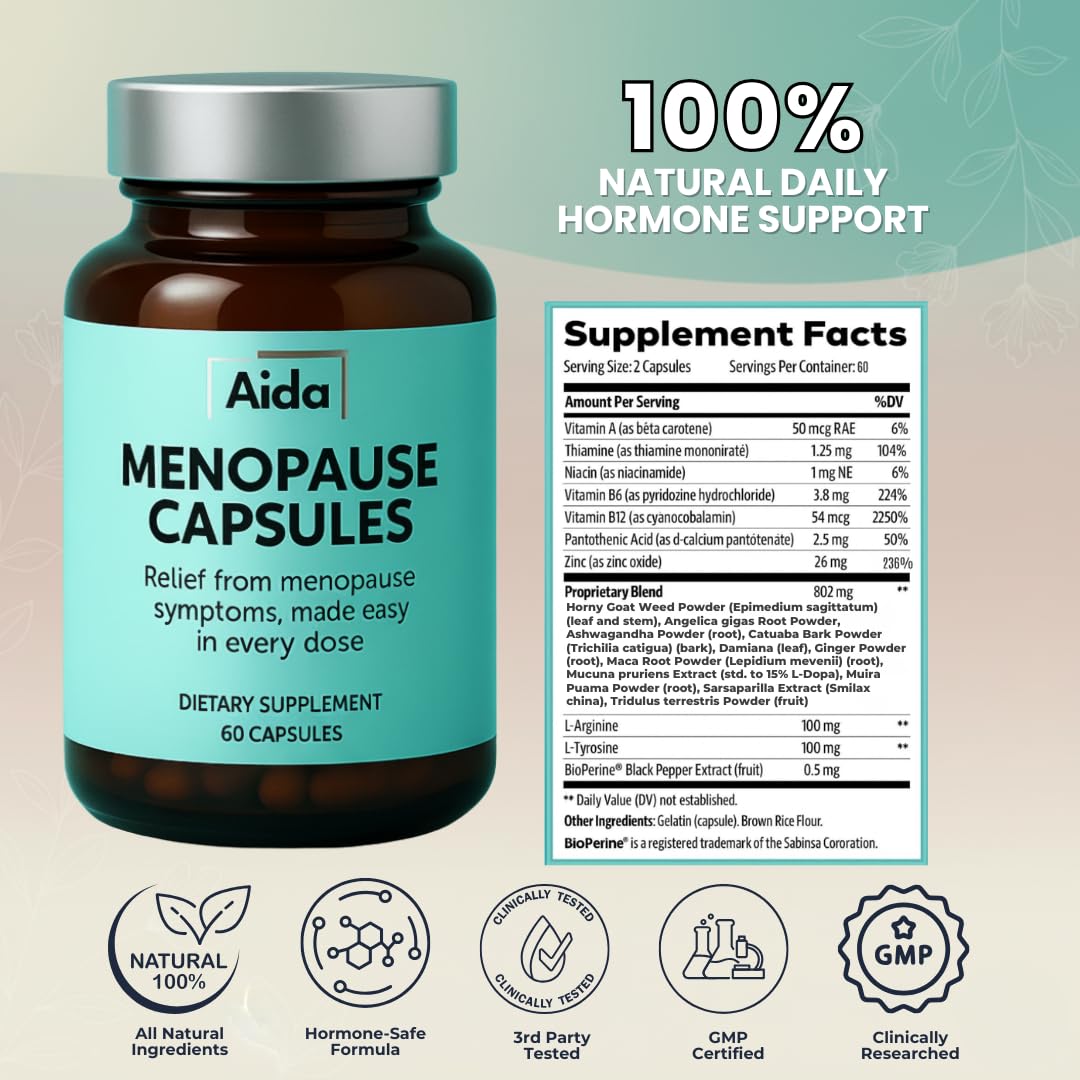 Aidavera menopause packaging image displays vitamin-rich formula for midlife wellness.