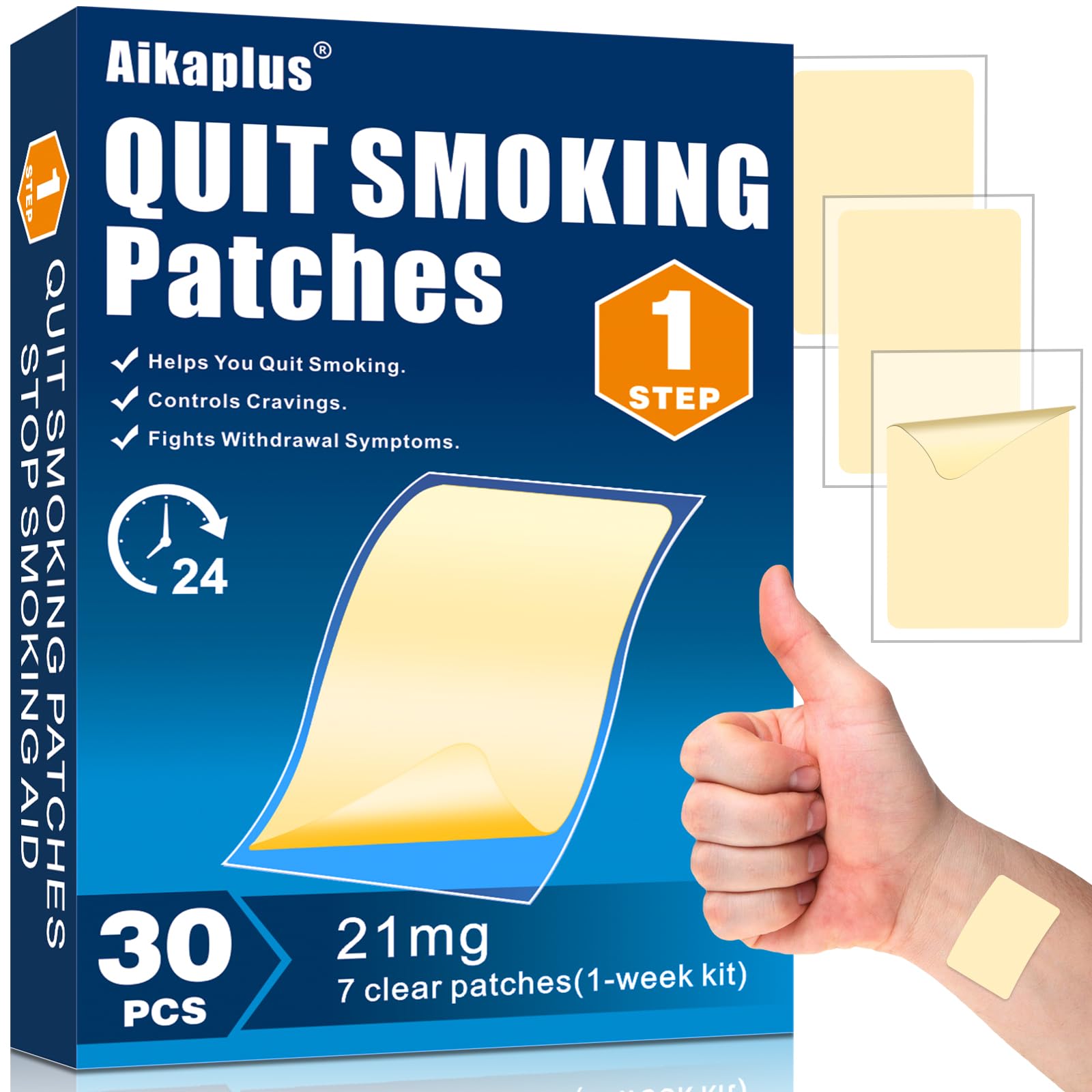 Aikaplus nicotine patches 21mg pack front; steady nicotine delivery for craving control.