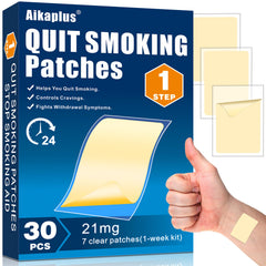 Aikaplus nicotine patches 21mg pack front; steady nicotine delivery for craving control.