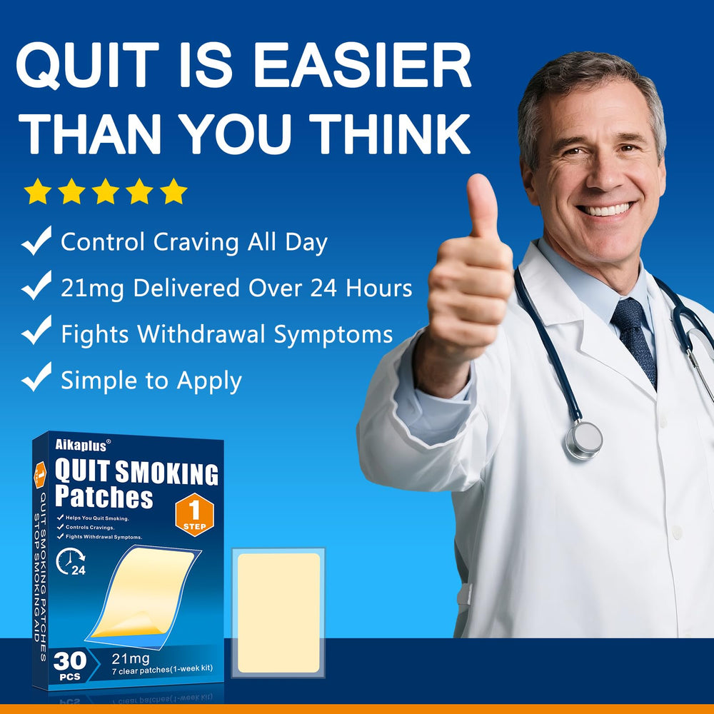 Aikaplus nicotine patches 21mg close-up; thin, flexible skin-friendly design.