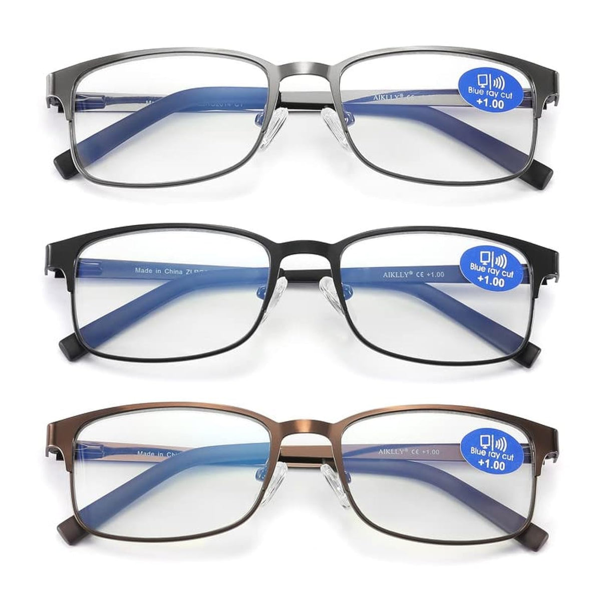 AIKLLY men's black rectangle reading glasses reduce eye strain during work.