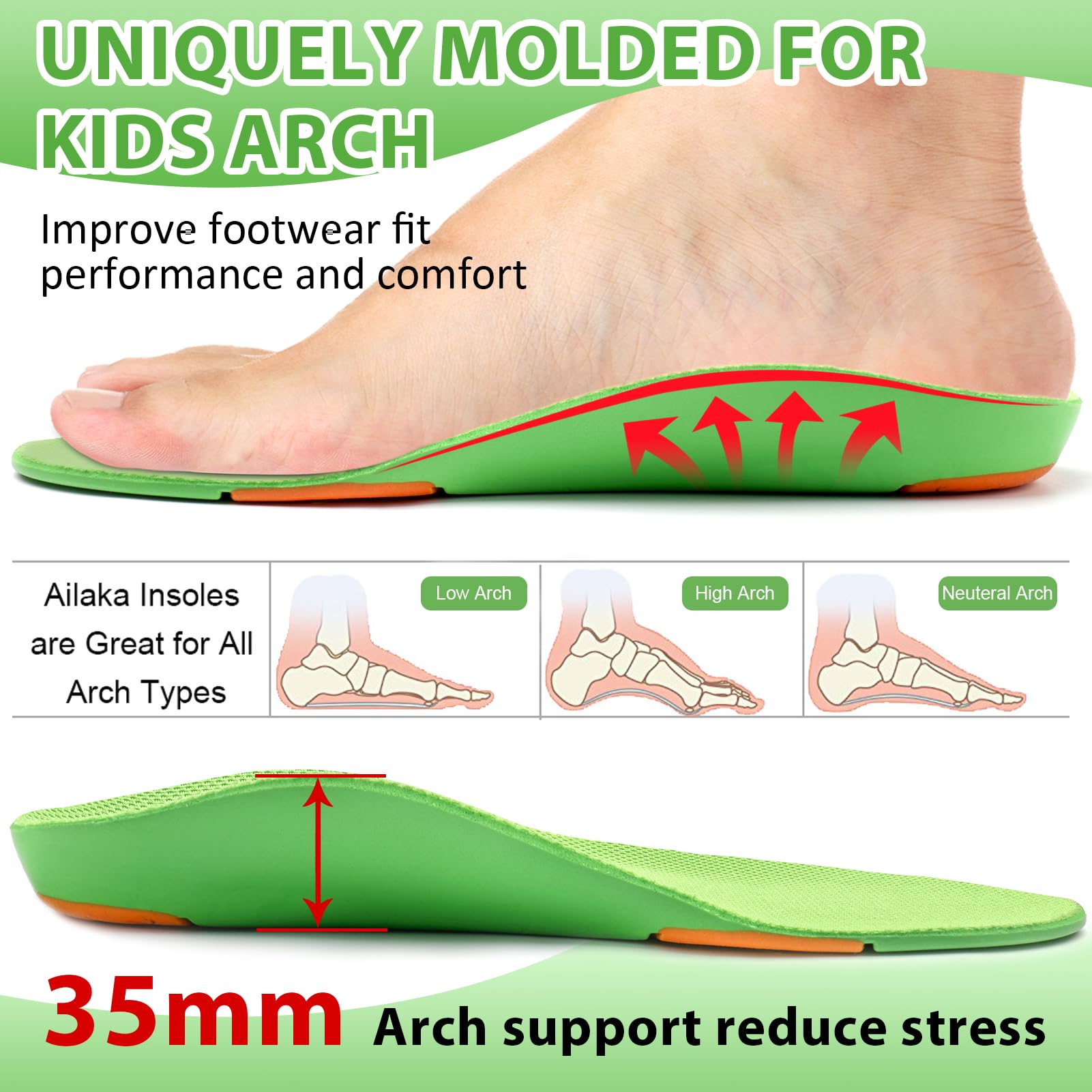 Ailaka insoles arch-support profile highlighting midfoot stability during play