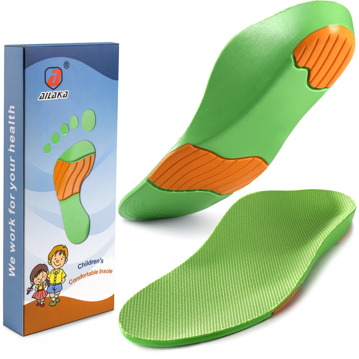Ailaka Kids Orthotic insoles front view showing full arch support for growing feet