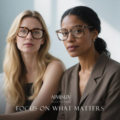 AIMISUV Oprah square reading glasses worn during computer work for clear viewing.