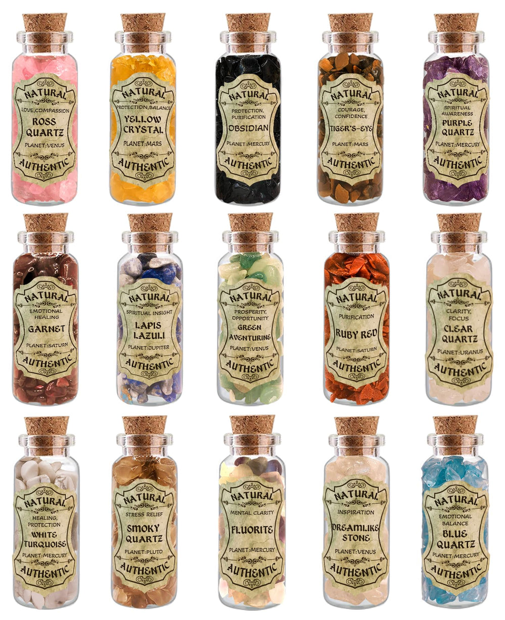 Ainswei bulk crystals 30-bottle set displayed in vintage glass bottles for ritual work