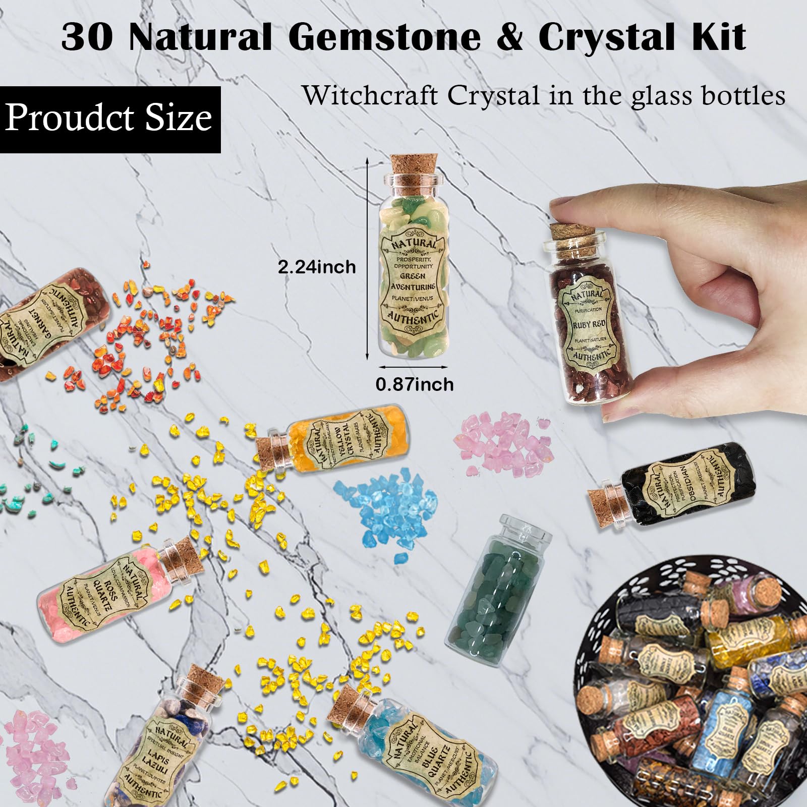 Ainswei mini gemstone set in corked bottles enhances altar display and energy work
