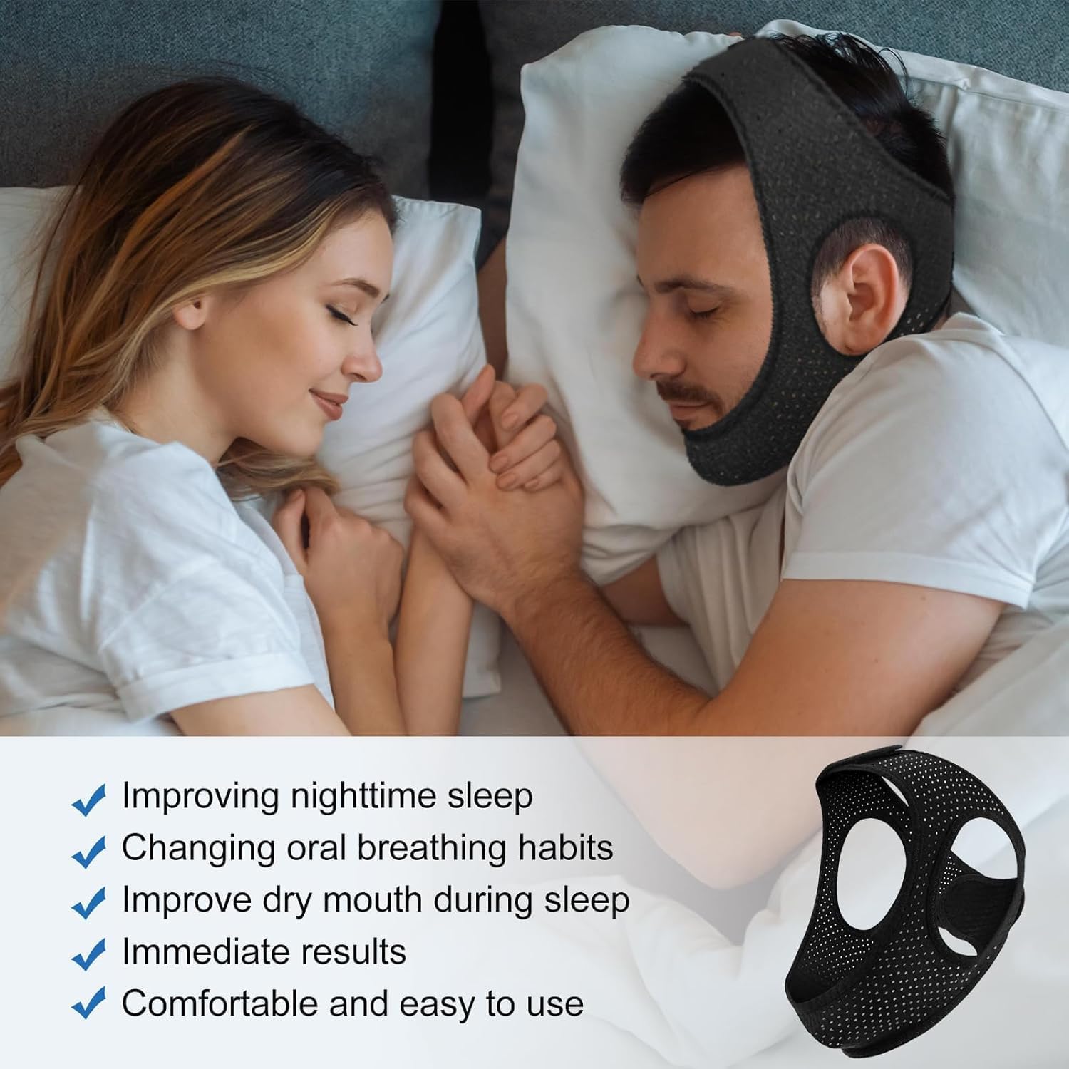 AIR BLOW Chin Strap adjustable headband demonstrates a secure fit for snoring reduction.