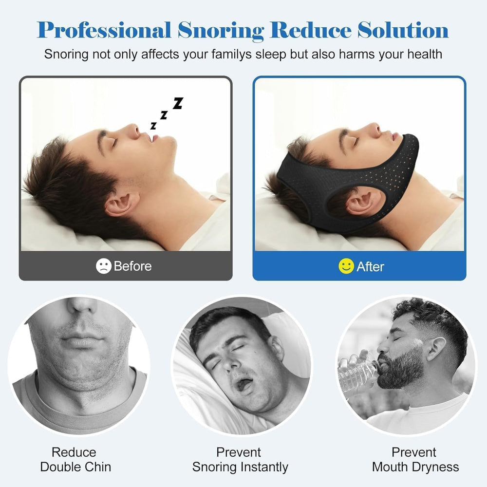 AIR BLOW Chin Strap worn during sleep on a pillow for calm breathing.