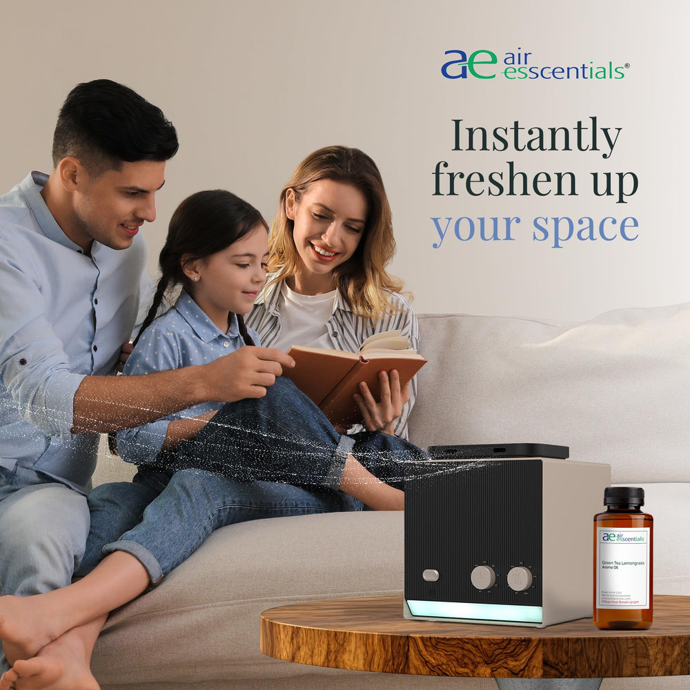 Ultrasonic diffuser setup fills space with green tea and lemongrass notes.