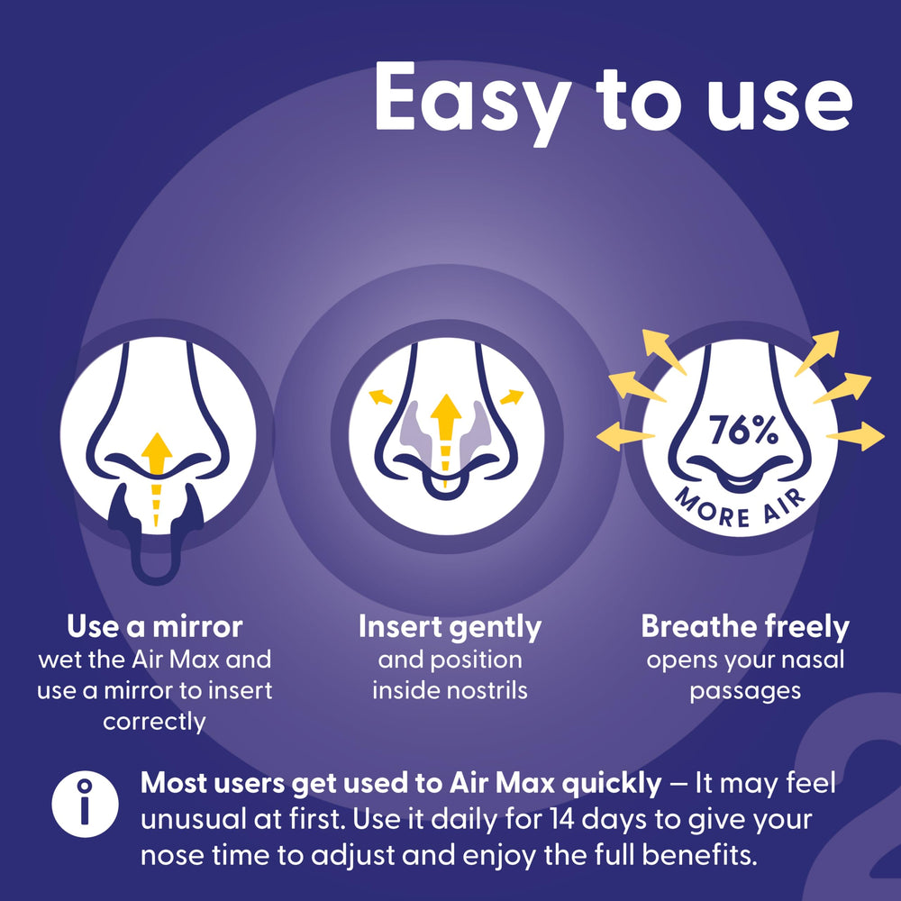Air Max nasal dilators close-up highlights smooth surface for comfort.