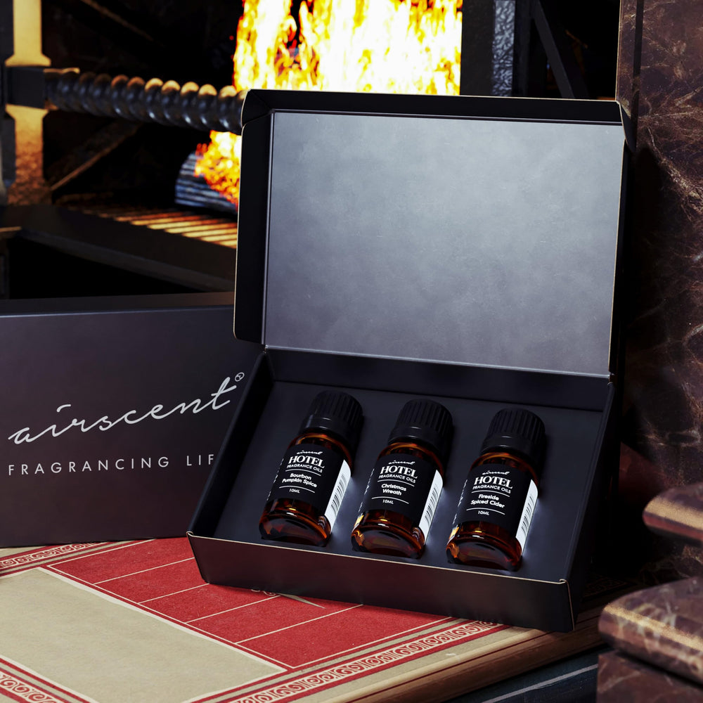 Air-Scent gift packaging featuring three diffuser oils for holiday gifting.