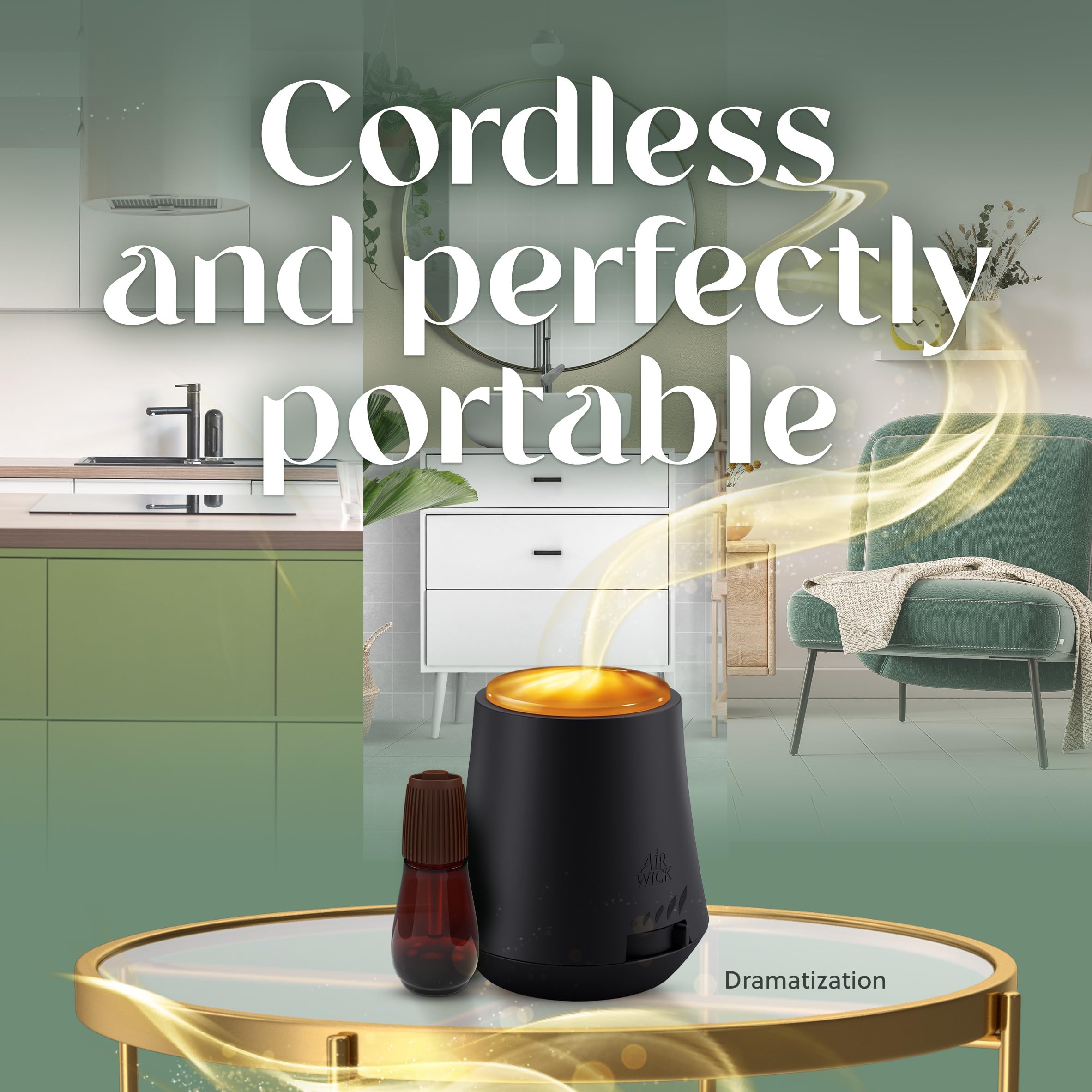 Air Wick Essential Mist diffuser in a room setup demonstrating cordless portability.