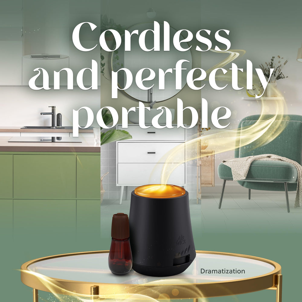 Air Wick Essential Mist diffuser in a room setup demonstrating cordless portability.