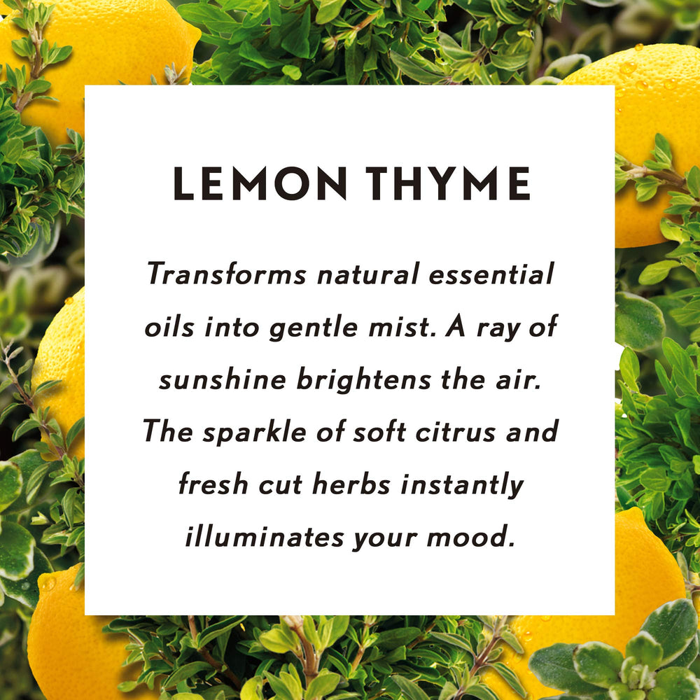 Air Wick Essential Mist Lemon Thyme refill packaging shown for mess-free replacement.