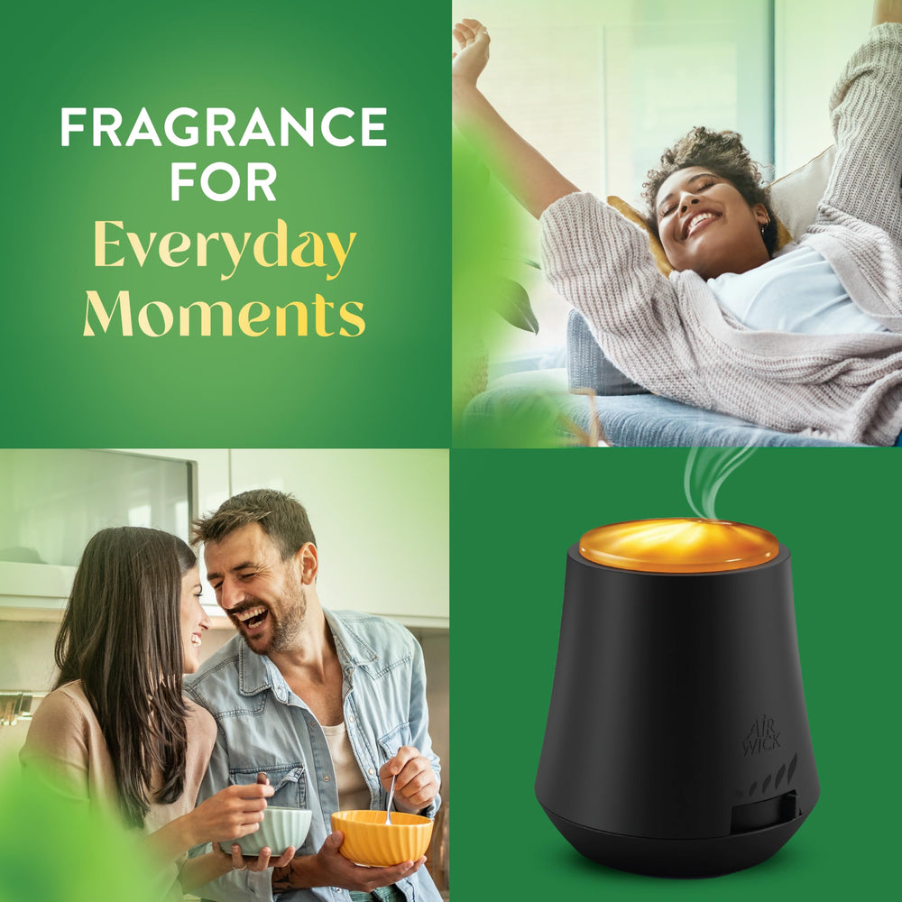 Natural essential oils diffuse as mist through tiny vibrating-plate holes