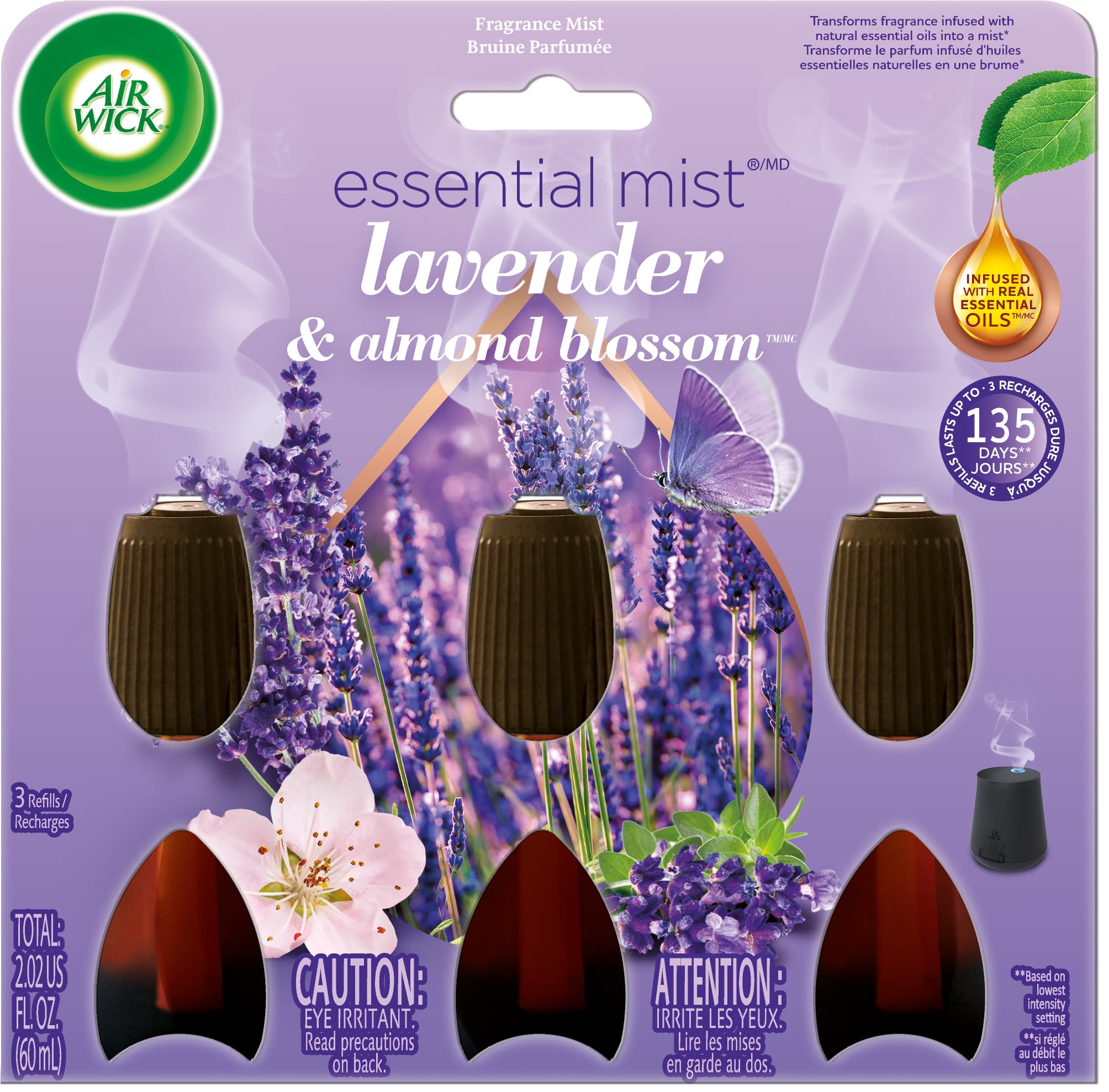 Air Wick Essential Mist Lavender and Almond Blossom refill bottle releasing calm fragrance for living rooms.