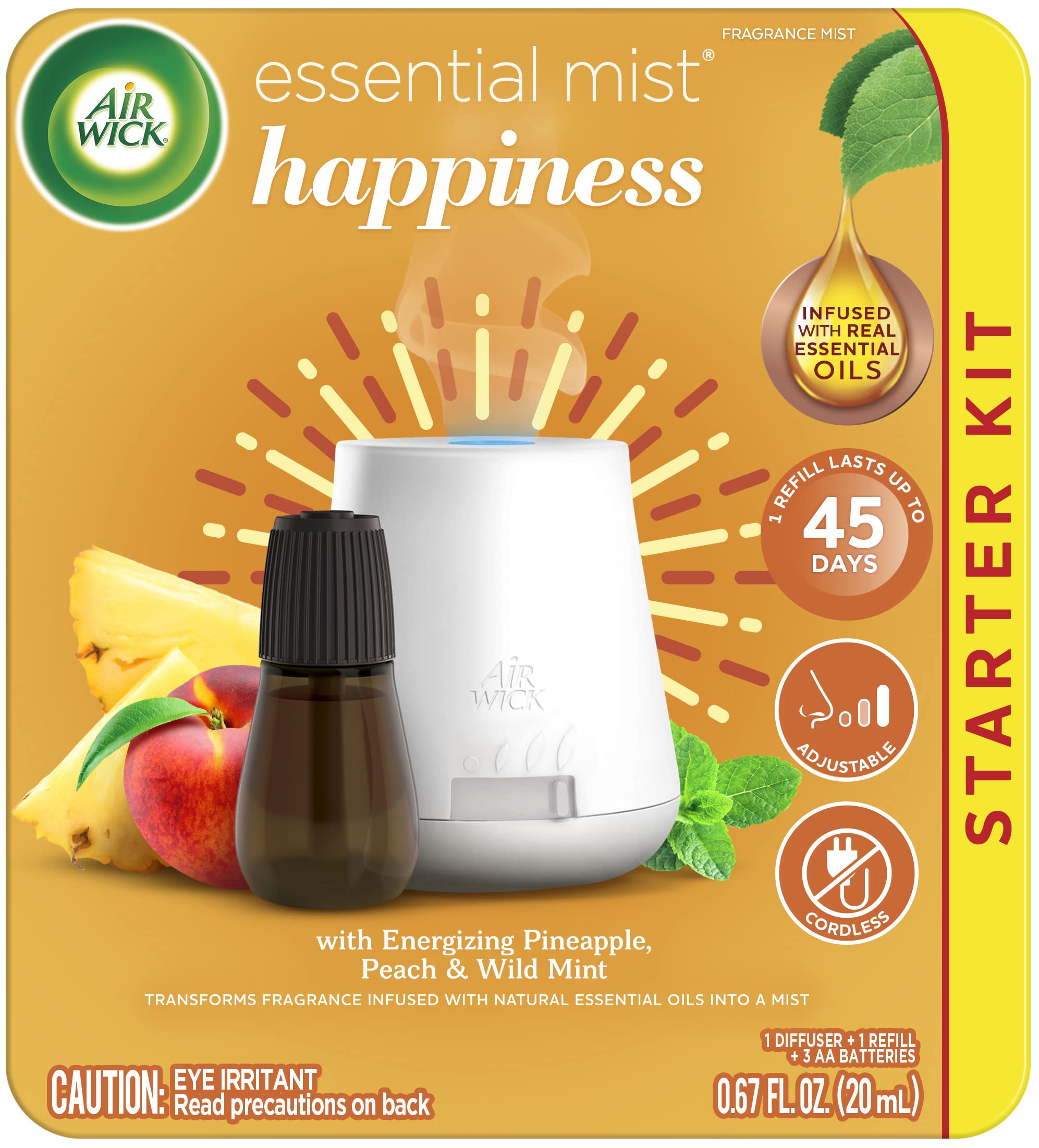 Air Wick Essential Mist Joy diffuser in a living room delivering a soft aroma