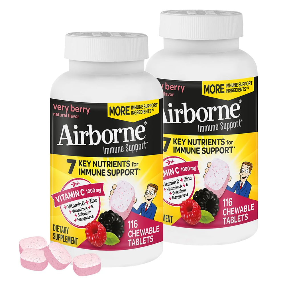 Airborne Vitamin C + Zinc chewables bottle with berry flavor supports immune health.