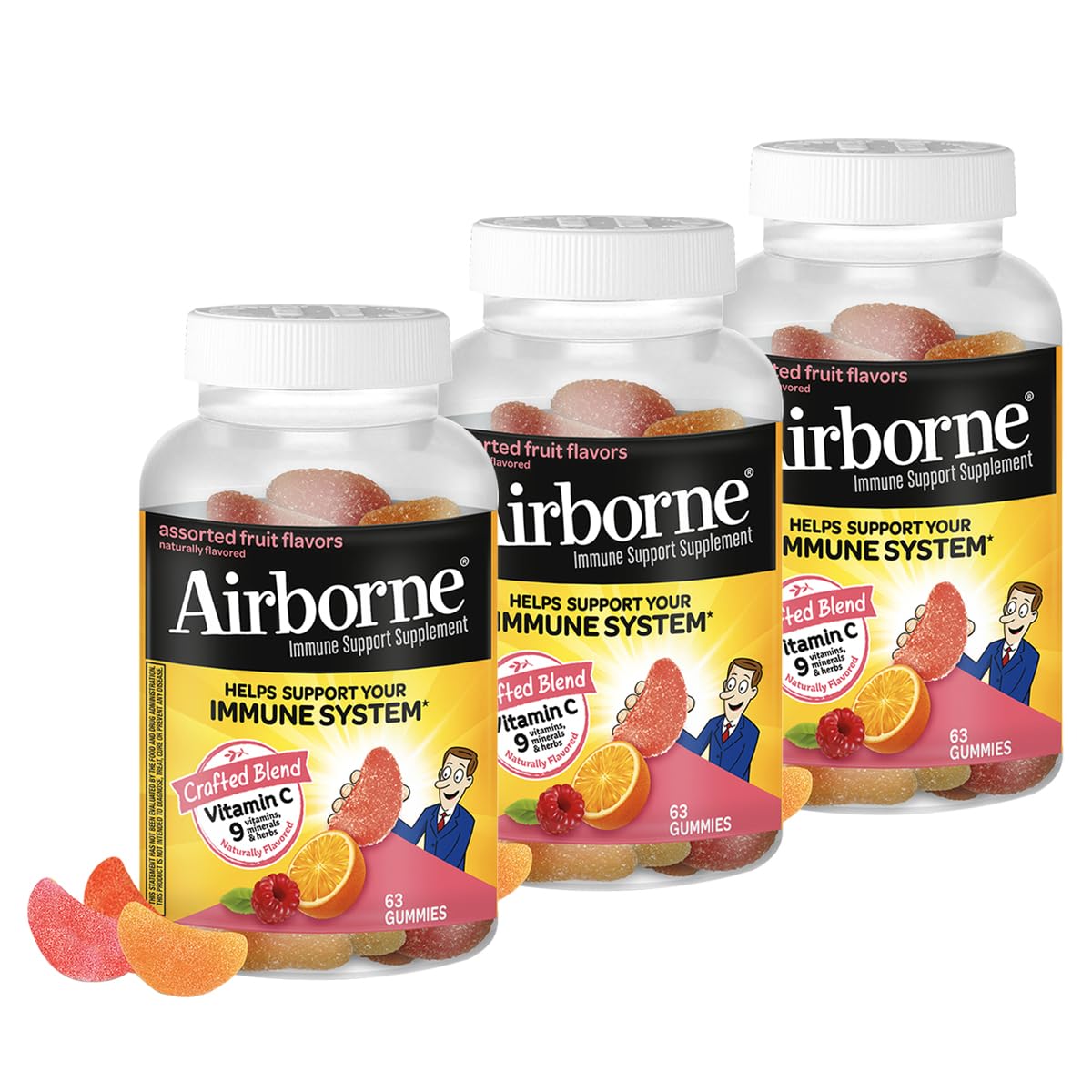 Airborne 750mg Vitamin C gummies bottle front for daily immune support.