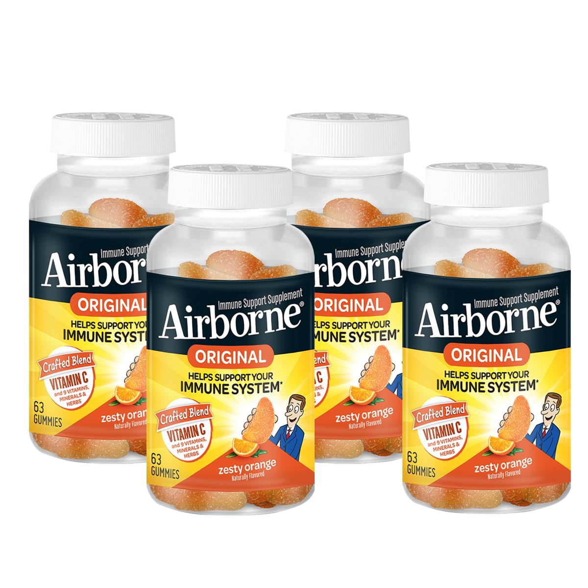 Airborne orange gummies bottle highlighting zesty flavor for daily immune-friendly snacking.
