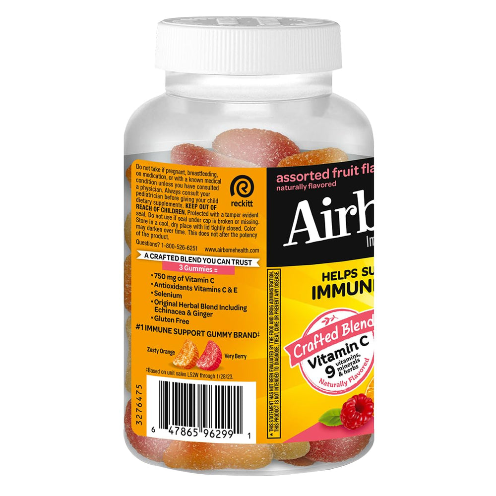 Airborne chewable vitamin C gummies on hand highlights convenient daily bite.