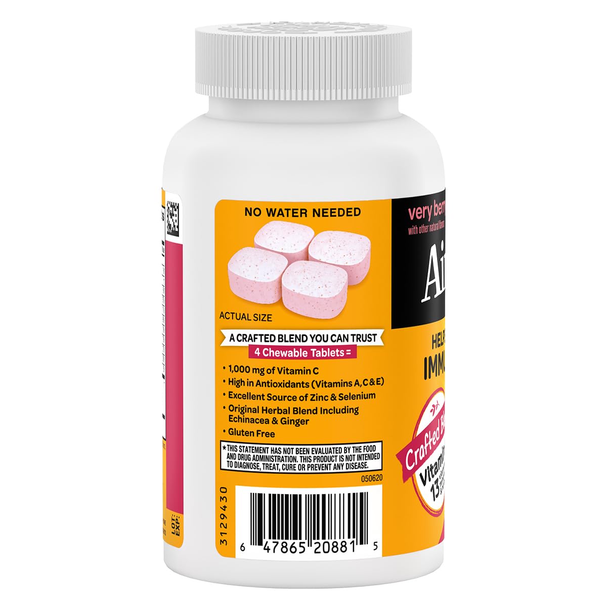 Closeup of Airborne chewables in hand highlights no-water-needed convenience.