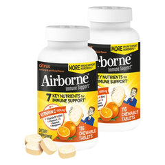 Airborne vitamin C zinc chewable tablets front-pack Citrus flavor for daily use.