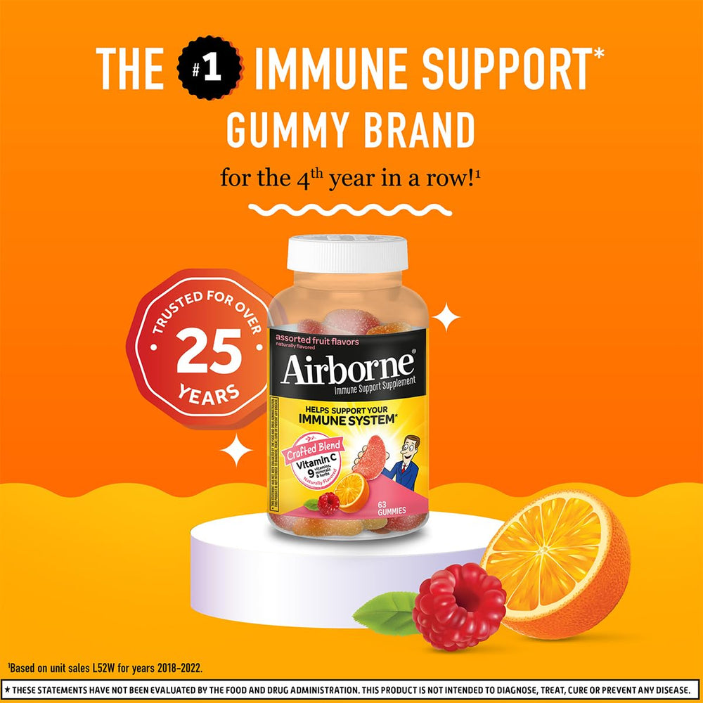 Airborne gluten-free immunity gummies foil-seal pack signals secure freshness.