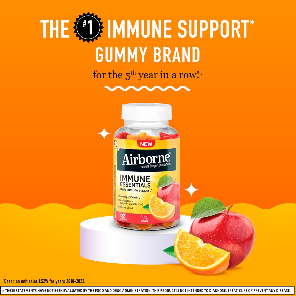 Airborne Immune Essentials gummies in orchard fruit flavor highlighting vitamin C benefits.